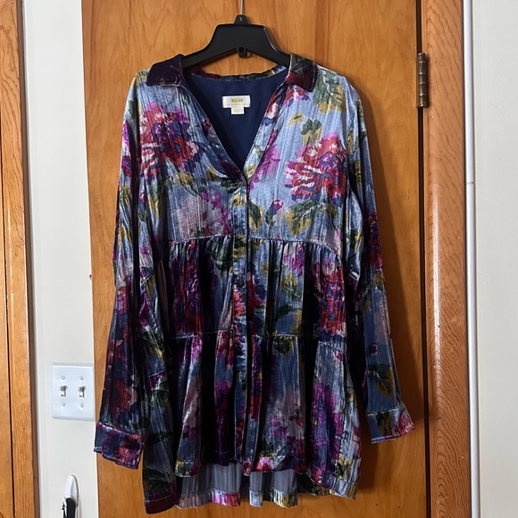 Anthropologie Maeve Velvet Blue Floral Button Down Shirt - Picture 5 of 8